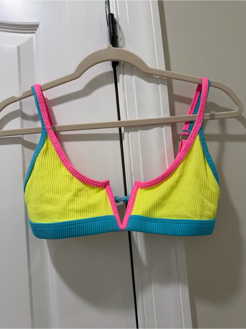 Neon Ribbed V-Notch Bikini Top - Yellow with Blue & Pink Trim - NEVER WORN